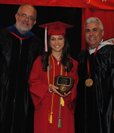 Amy Hanks receiving the Spring 2015 Dr. Sigred Lanoux Service Award from Dr. Paul Leberg and Dean Ackleh